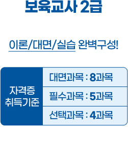 보육교사 2급 이론/대면/실습 완벽구성! 자격증취득기준 대면과목 : 8과목 필수과목 : 5과목 선택과목 : 4과목