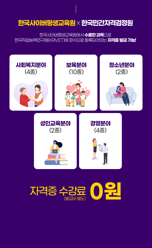 한국사이버평생교육원 x 한국민간자격검정원 한사평에서 수료한 과목으로 한국직업능력연구원(KRIVET)에 정식으로 등록되어있는 자격증 발급 가능! 사회복지분야4종 / 보육분야10종 / 청소년분야2종 / 성인교육분야2종 / 경영분야4종 / 자격증 수강료 0원 (발급비 별도)